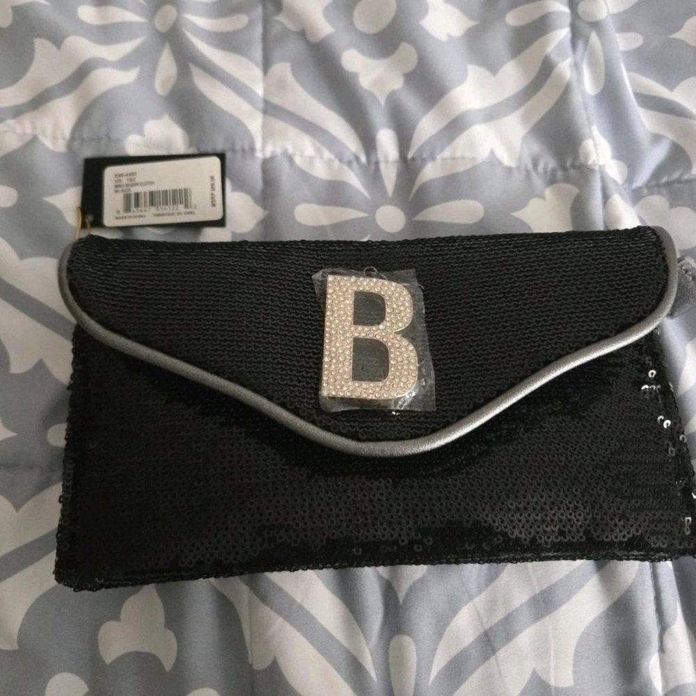 New Bebe Black Sequin Clutch with Silver Trim
